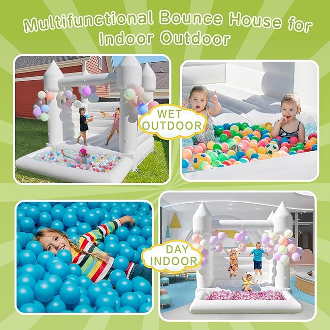 White Bounce House with Ball Pit 10x8x8 FT Inflatable Indoor 3-12,PVC White