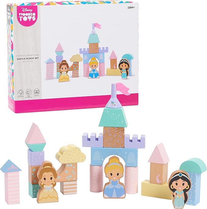 Disney Wooden Toys Princess Castle Block Set, 25-Pieces Include Cinderella 18 Month