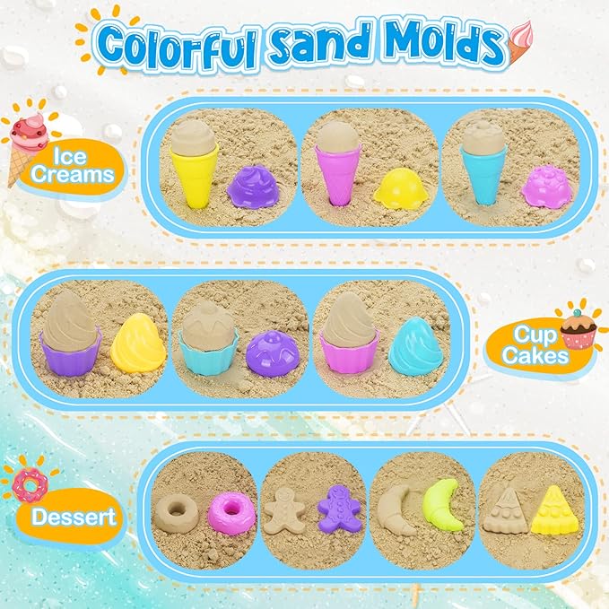 Ice Cream Beach Toys Sand Toys Set for Kids, Collapsible Sand Bucket and Shovels Set with Mesh Bag