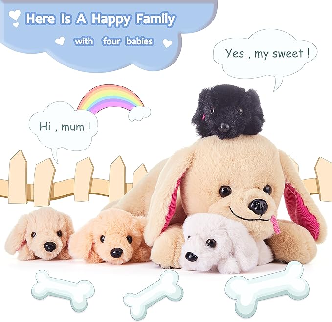IKASA Mommy Dog Labradoodle Stuffed Animal Mom and Baby Plush Toy,Cute 17" Soft Small Mama Puppy Family Set Toy with Little Babies