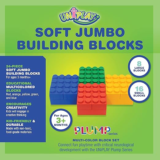 UNiPLAY Plump Soft Building Blocks - 24-Piece Jumbo Stacking Multicolor Set for Early Cognitive Development and Creative Play 3 Months+