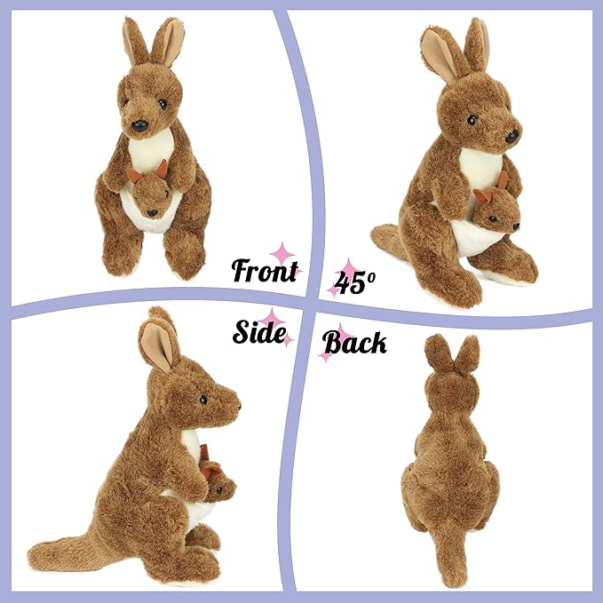 Hopearl Kangaroo Mama and Baby Joey Stuffed Animal Soft Plushie Toy Jungle Baby Shower Nursery Décor Zoo Animals for Toddlers Adorable Stuffed Kangaroos Gifts for Kids Boys Girls, Brown 11.5''