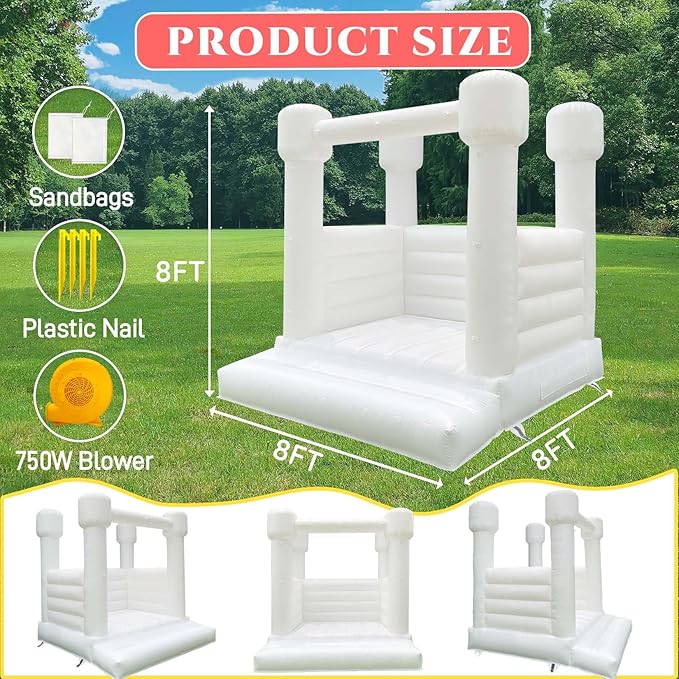 White Bounce House 8x8x8 FT Inflatable Indoor Bounce House 3-12,PVC White