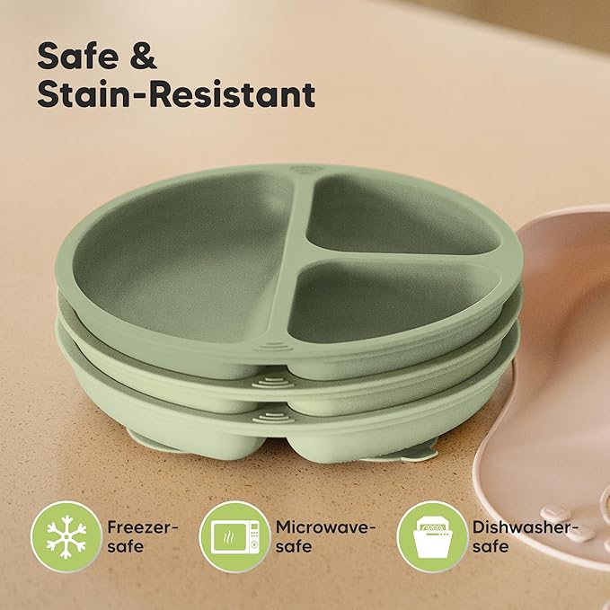 KeaBabies Suction Plates for Baby, Toddler - 3-Pack 100% Silicone Toddler Plates, Divided Baby Plates with Suction, Silicone Plates for Baby, Kids, BPA-Free, Microwave, Dishwasher Safe (Sage)