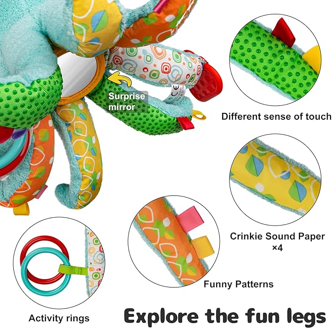 Infant Baby Musical Stuffed Animal Activity Soft Toys, Baby Teething Toys with Multi-Sensory Crinkle 0-3-6-12 Months