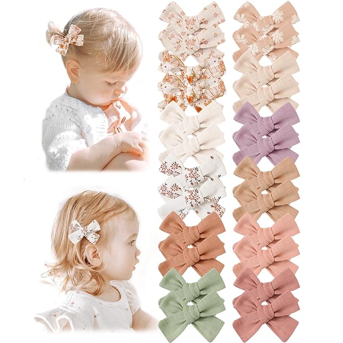 Niceye Baby Hair Clips - 24 Pcs Fully Lined Hair Bow Clips for Fine Hair Cotton Tiny Hair Barrettes for Infants, Toddlers