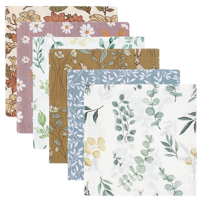 LifeTree Baby Muslin Washcloths, Soft 6 Pack Baby Wash Cloths Unisex for Boys Girls 70% Viscose 30% Cotton 10.2x10.2 inches