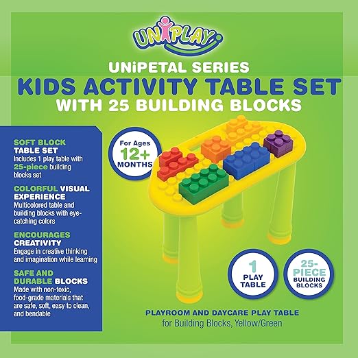 UNiPLAY Indoor/Outdoor Toddler Activity Table Set with 25 Piece Building Blocks, Kids Play Table for Building Blocks Toy