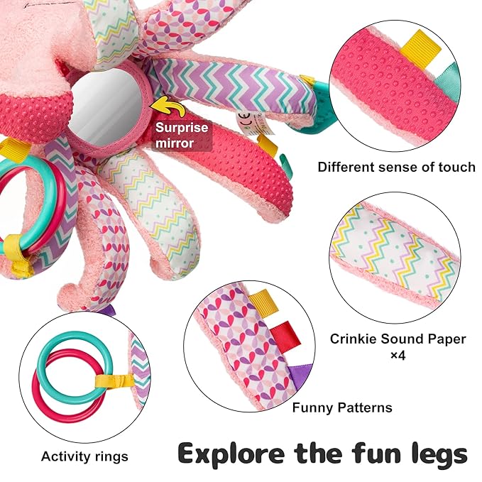 Infant Baby Musical Stuffed Animal Activity Soft Toys, Baby Teething Toys with Multi-Sensory Crinkle 0-3-6-12 Months