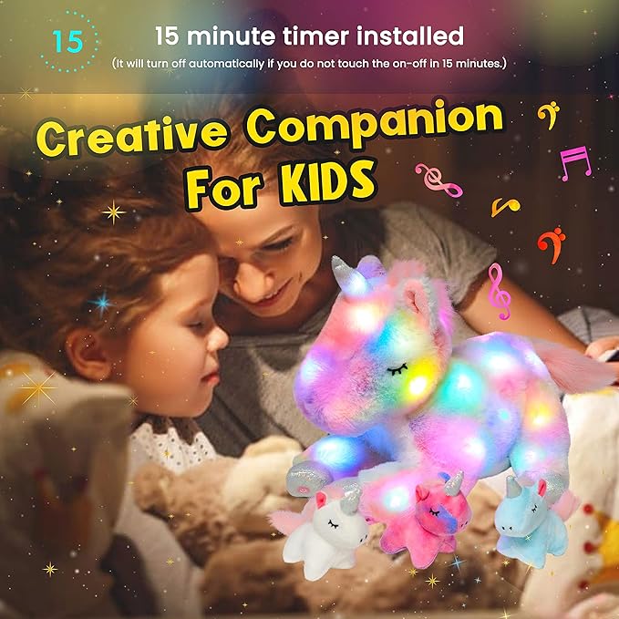 Hopearl LED Musical Stuffed Unicorn Playset Lighting Up Singing Plush Toy Mommy Unicorn with 3 Baby Unicorns in her Tummy Lullaby Animated Soothe for Mom Toddlers Girls, Rainbow 19''