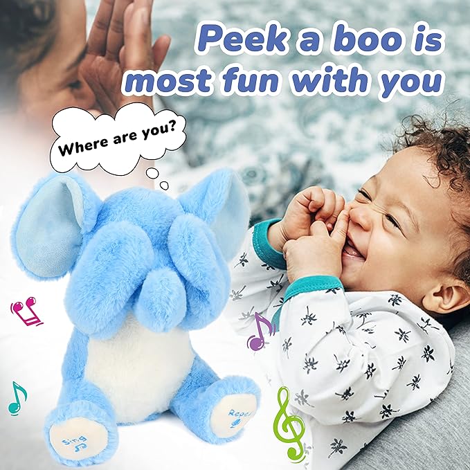 Hopearl Peek A Boo Elephant Interactive Repeats What You Say Plush Elephish Toy Musical Singing Talking Stuffed Animal Adorable Electric Animate Birthday Festival, Blue 11.5''