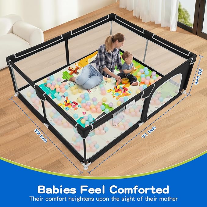 Suposeu Large Baby Playpen with Mat, Portable Baby Fence Area with Gate, Toddlers and Pets Play Yard with Non-Slip Mat, Safety Fence for Indoor and Outdoor Use(71x59 Inches, Black)