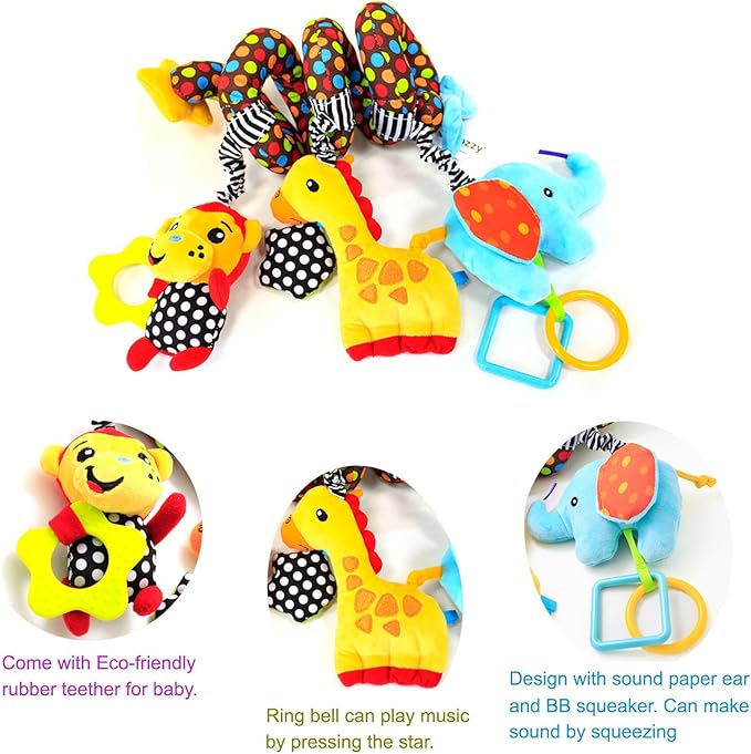 Car Seat Toys, Stroller Toy Baby Spiral Hanging Toys for Sensory Exploration, 0-12 Months Newborn Toys for Car Seat Stroller Crib Bassinet Mobile with Music Box BB Squeaker Rattles