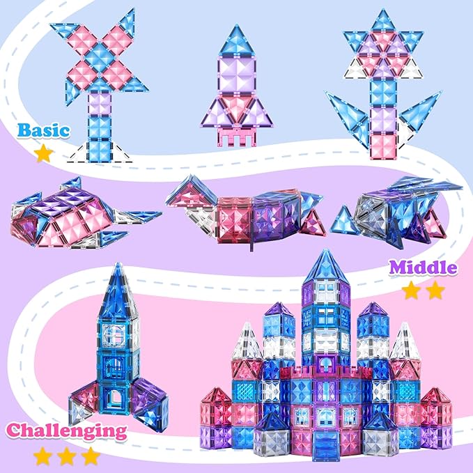 Magnetic Tiles Frozen Toys, Ice World Dimond Princess Castle 60Pcs Magnet Tile Building Blocks for Toddler Age 1-3,3-5, Pretend STEM Learning, for Kid Girls Boys 3 4 5 6