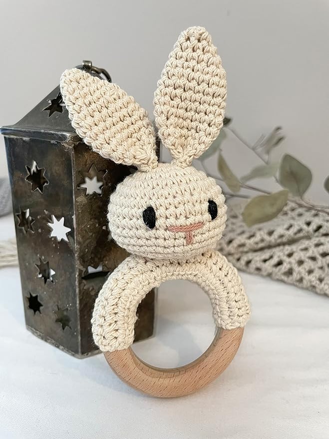 Baby Gift Rattle and Teether Toy Handmade Crochet, Safe and Non-Toxic Beechwood