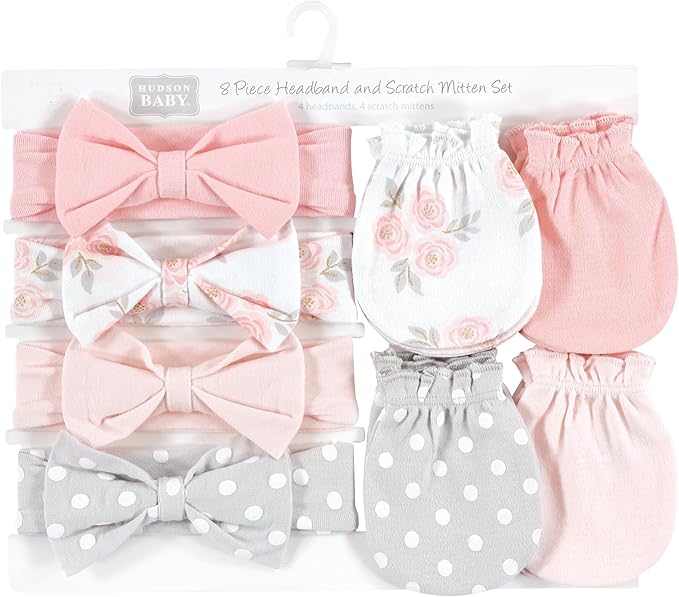 Hudson Baby Baby Girls' Cotton Headband and Scratch Mitten Set