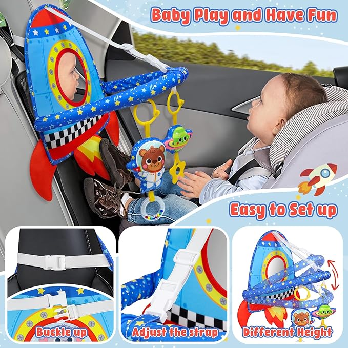 Dr.Rapeti Double-Sided Car Seat Toy, Rear Facing Car Seat Toy, Travel Activity Set, Easier Drive for Newborn, Adjustable Activity Arch with Baby Mirror, Teether, Ring Rattles