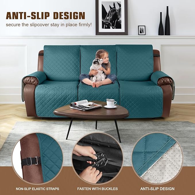 KinCam Waterproof Recliner Sofa Cover, Non-Slip Reclining Couch Covers for 3 Seat, Recliner Couch Cover Furniture Protector with Elastic Straps for Pets, Kids, Peacock Blue