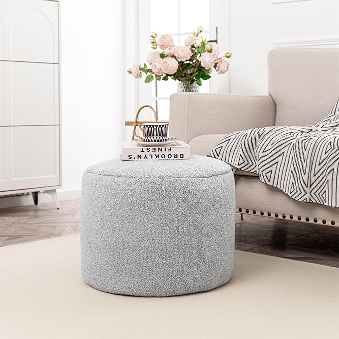 Round Pouf Ottoman 20 x 20 x 14 Inches Boho Poof Home Decor Floor Pouffe Ottoman Foot Rest for Couch Sofa Bean Bag Ottoman Chairs Living Room Bedroom Quiet Grey