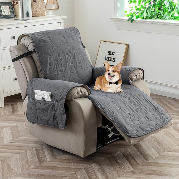 100% Waterproof Recliner Chair Cover, Recliner Chair Covers for Reclining Chair, Non-Slip Fabric Recliner Couch Cover for Living Room, for Pets Kids Protector, Washable (Dark Gray, 23"Recliner Chair)