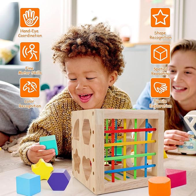 HELLOWOOD Montessori Toys for 1+ Year Old, Wooden Sorter Cube with 8pcs Rattling Shapes