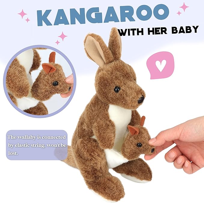 Hopearl Kangaroo Mama and Baby Joey Stuffed Animal Soft Plushie Toy Jungle Baby Shower Nursery Décor Zoo Animals for Toddlers Adorable Stuffed Kangaroos Gifts for Kids Boys Girls, Brown 11.5''