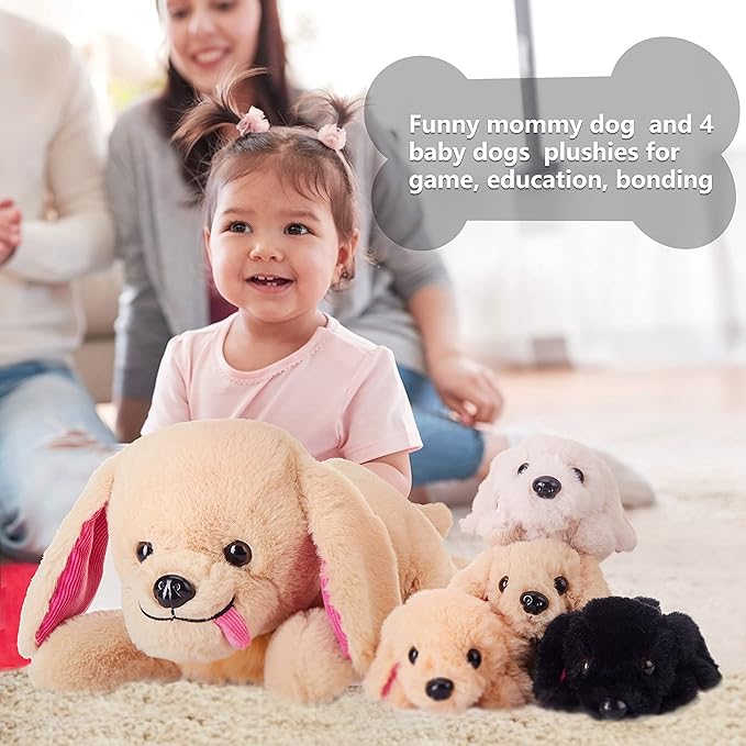 IKASA Mommy Dog Labradoodle Stuffed Animal Mom and Baby Plush Toy,Cute 17" Soft Small Mama Puppy Family Set Toy with Little Babies