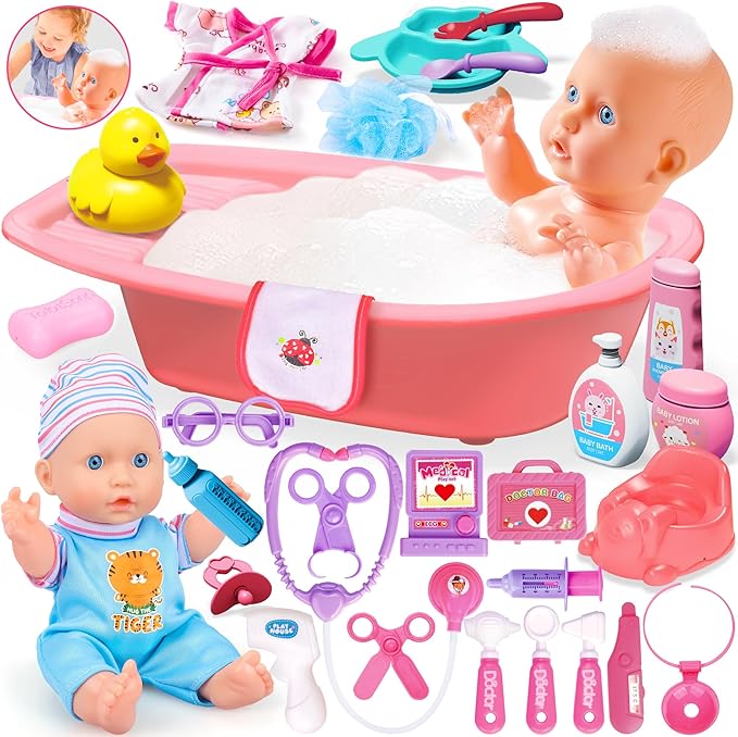 Baby Doll Care Toys, 30PCS Baby Doll Bath Set & Doctor Kit 3 4 5 6