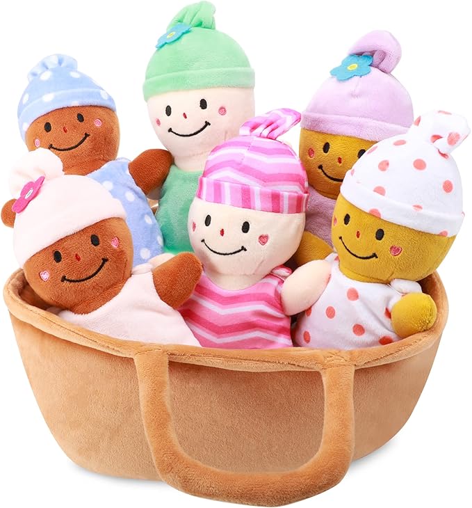 Basket Plush Baby Dolls Soft Multicultural Sensory Babies Toy Set 6 Piece