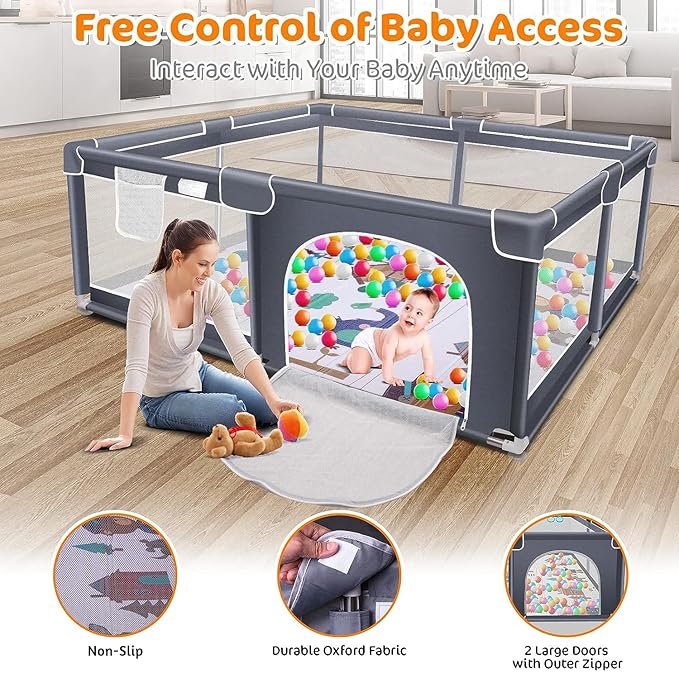 Suposeu Baby Playpen with Mat, Large Playpen for Babies and Toddlers, Play Yard for Indoor and Outdoor Use, Sturdy Safety Fence with Soft Breathable Mesh (71x59 Inches, Grey)