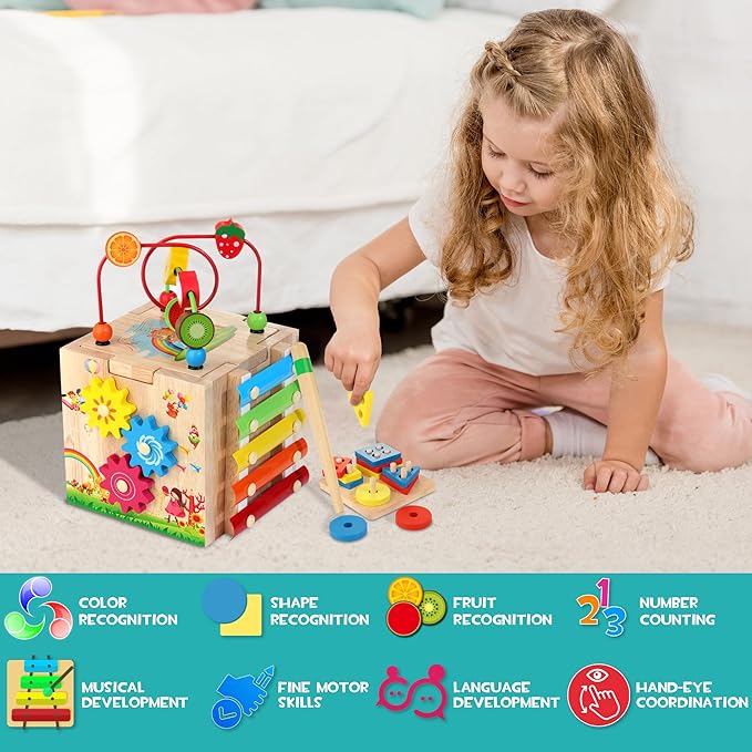 HELLOWOOD Wooden Activity Cube, 8-in-1 Montessori Toys for 1+ Year Old Boys & Girls 1-2, First