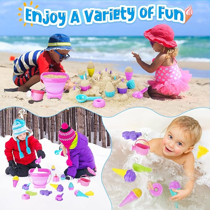 Ice Cream Beach Toys Sand Toys Set for Kids, Collapsible Sand Bucket and Shovels Set with Mesh Bag