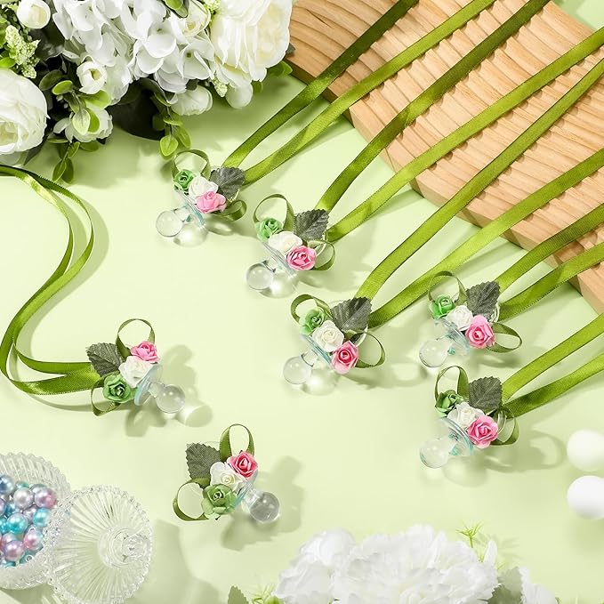 XunYee 48 Pcs Sage Green Baby Shower Pacifiers Necklace Acrylic