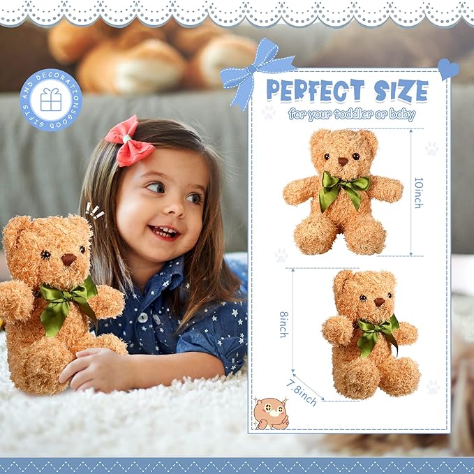 HyDren 15 Pieces Plush Stuffed Bears, 10 Inch Cute Soft Stuffed Bear Toy with Bow Tie for Graduation Baby Shower Christmas Birthday Party Gift Favors (Brown