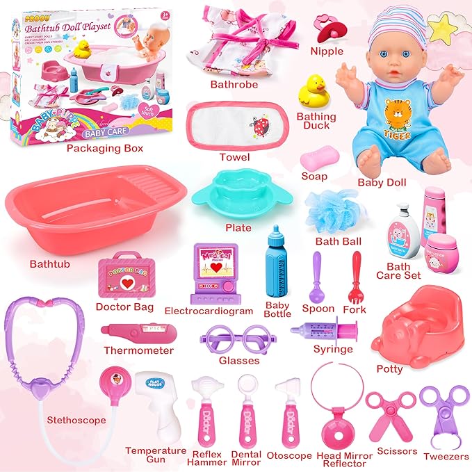 Baby Doll Care Toys, 30PCS Baby Doll Bath Set & Doctor Kit 3 4 5 6