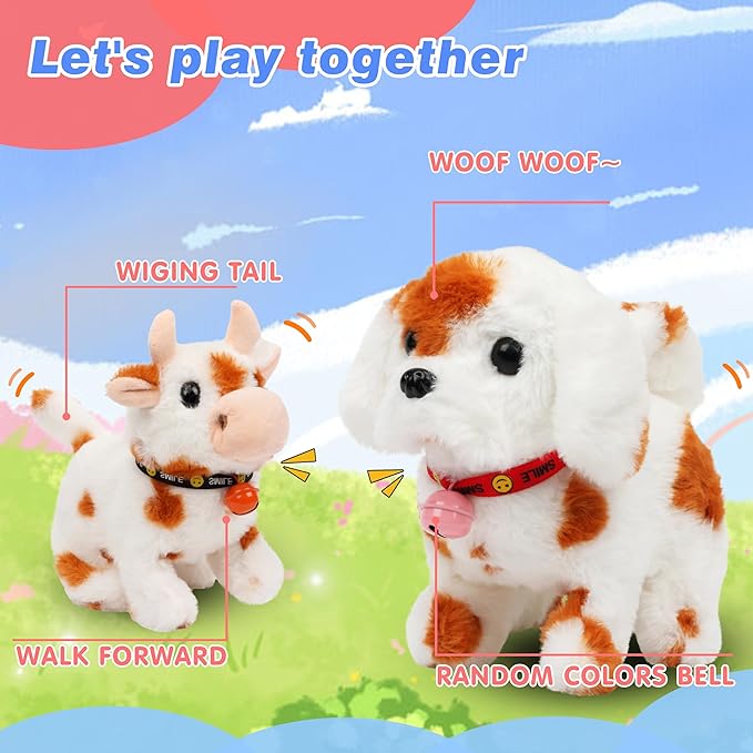 Hopearl Walking Dog with Bell Interactive Electronic Pet Plush Toy Puppy Woof and Moving Animated Nodding Head Gifts for Toddlers Birthday, Brown 7''