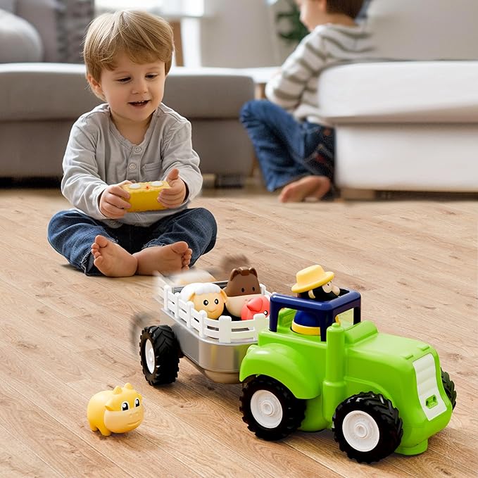 iPlay, iLearn Toddler Remote Control Farm Tractor Toy, Baby RC Trailer Truck Set, Music Pretend Farmer Animals Vehicle Playset W/Sound, Birthday Gifts for 18 24 Month 2 3 4 Year Old Kids Boys Girls