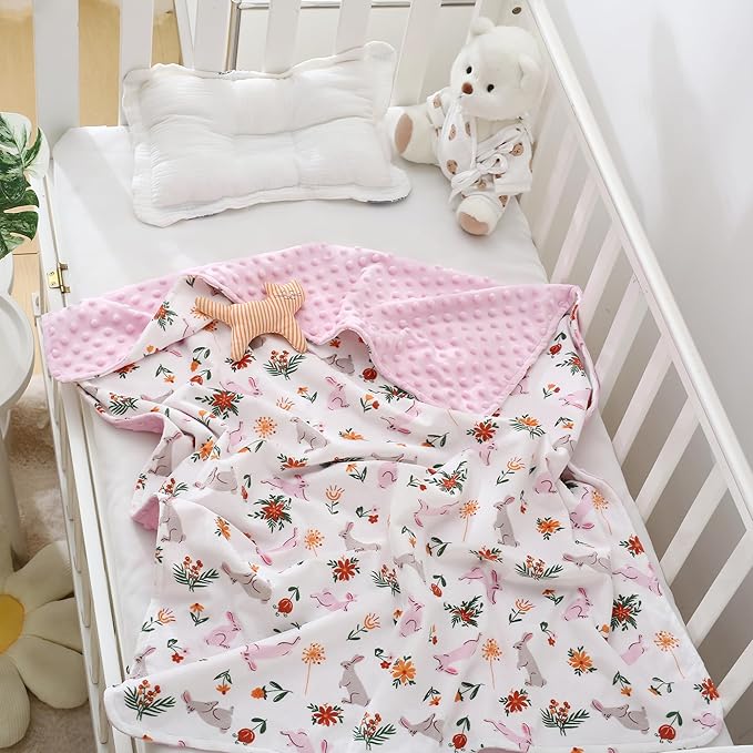 DaysU Silky Micro Soft Plush Baby Blankets for Girls with Print Rabbit Pattern and Soothing Raised Dots, Double Layer Bed Throws for Baby Crib 30x40 Inches