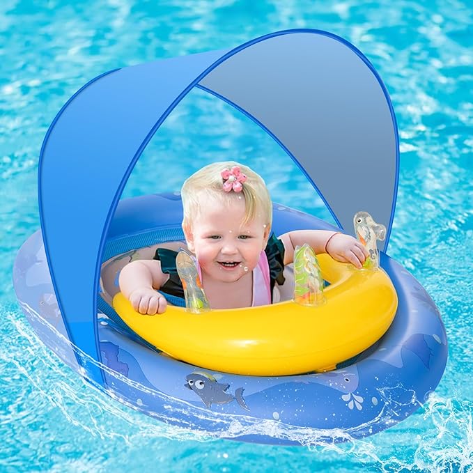 HYRIXDIRECT Baby Pool Float with Canopy Removable UPF 50+ UV Protection, 6-36 Months Babies Pool Floats Kids with Ocean Animal Toys and Adjustable Safety Seat for Beach