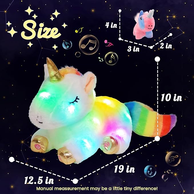 Hopearl LED Musical Stuffed Unicorn Playset Lighting Up Singing Plush Toy Mommy Unicorn with 3 Baby Unicorns in her Tummy Adjustable Volume Lullaby Animated Soothe Gifts for Kids Girls, White 19''