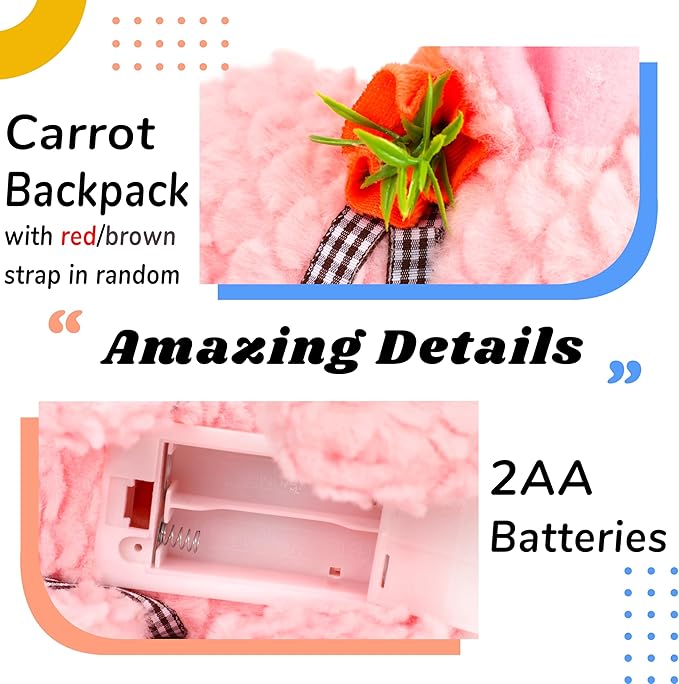 Hopearl Hopping Rabbit with LED Ears Carrot Backpack Interactive Plush Bunny Toy with Sounds Animated Walking Wiggle Light up Ears Twitch Nose Gift for Toddlers, Pink 7''