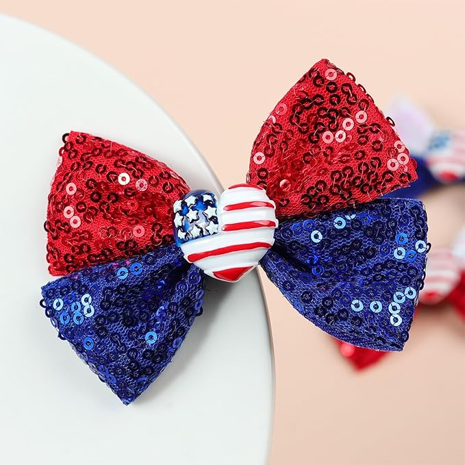 4th of July Sequins Hair Bows Clips Blue Glitter Alligator