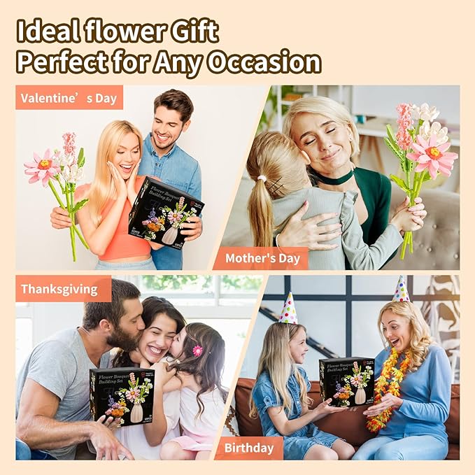 Flower Bouquet Building Blocks Set - Artificial Flowers with Gerbera for Home Decor, Unique Gift for Her or Him for Anniversary Valentine Birthday