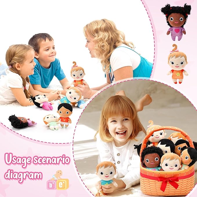 HyDren Basket Plush Baby Dolls, Set of 10 Soft Diversity Dolls 6'' Multicultural Sensory Dolls