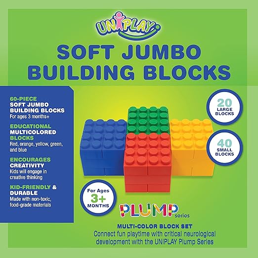 UNiPLAY Plump Soft Building Blocks - 60-Piece Jumbo Stacking Multicolor Set for Early Cognitive Development and Creative Play 3 Months+