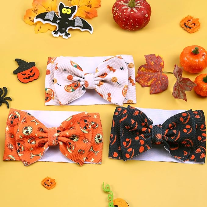 3pcs Halloween Baby Headbands, Trick or Treat Pumpkin Hair Bows