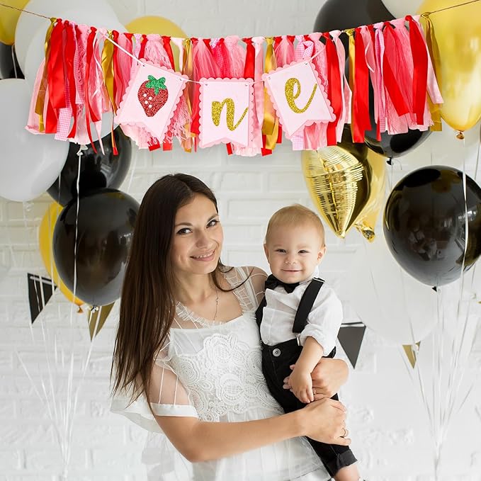 Strawberry One Birthday High Chair Banner, Cute Strawberry First Birthday
