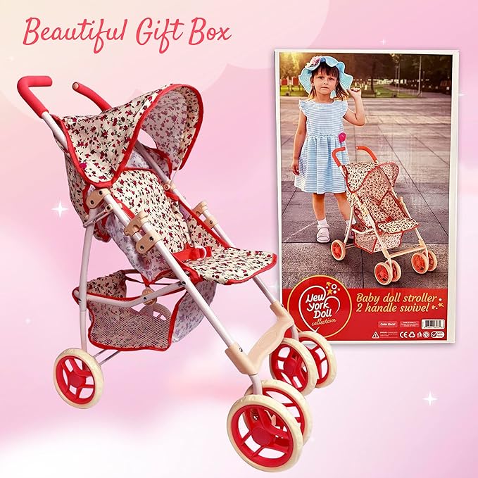 Baby Doll Stroller for Toddler Girls & Big Kids up to 8 Years Old | 28” Baby Stroller for Dolls, Toy Baby Stroller with Cute Coral Floral Print