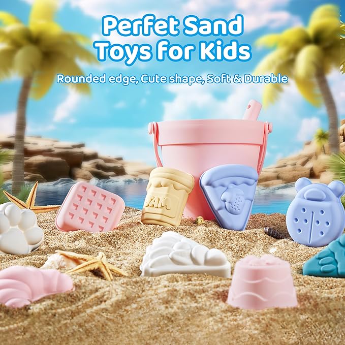ISSEVE 23Pcs Beach Toys Set for Kids Toddlers Girls, Silicone Sand Toys Include Sand Bucket 12 Sand 3-12 (Pink)