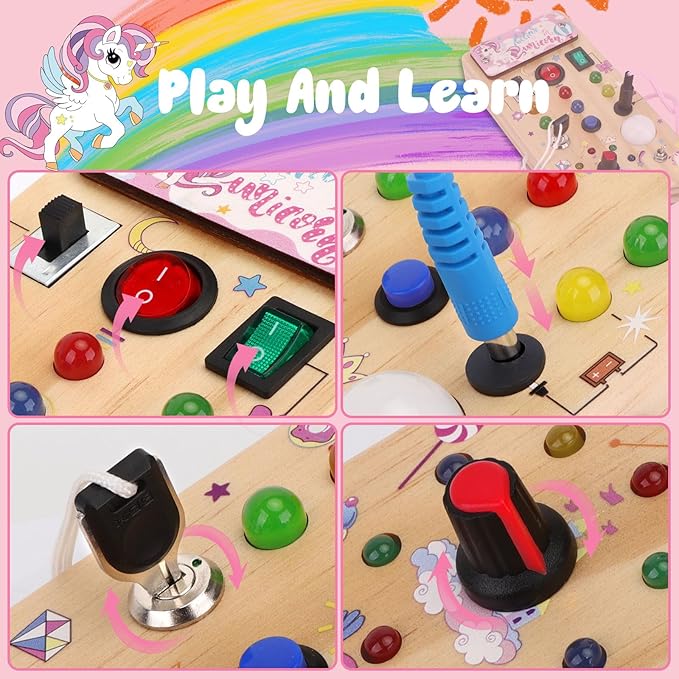 Unicorn Wooden Busy Board Sensory Toys with 8 LED Light 1 Year